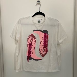 Queen of Sparkles - pink sequin cowboy boot tee Medium